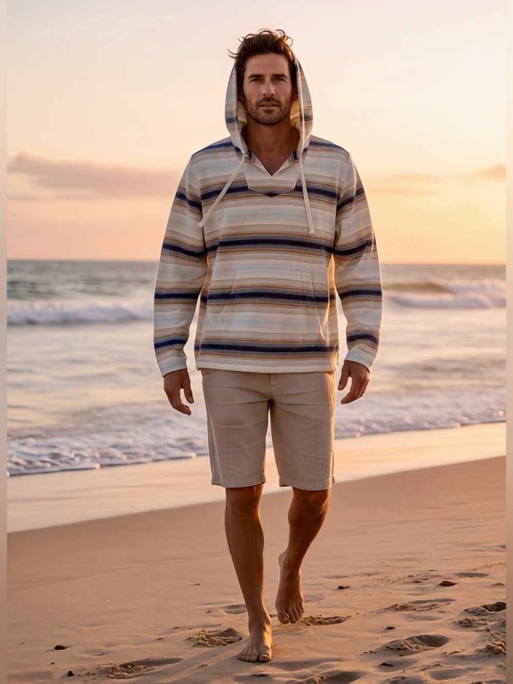 Lucky Brand Baja Beach Hoodie Pullover Men’s Large Striped NWT 100% Cotton